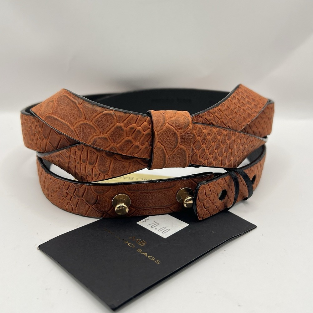 Milano Bags Handmade Leather Reptile Textured Bow Belt Small Orange Brown Peru